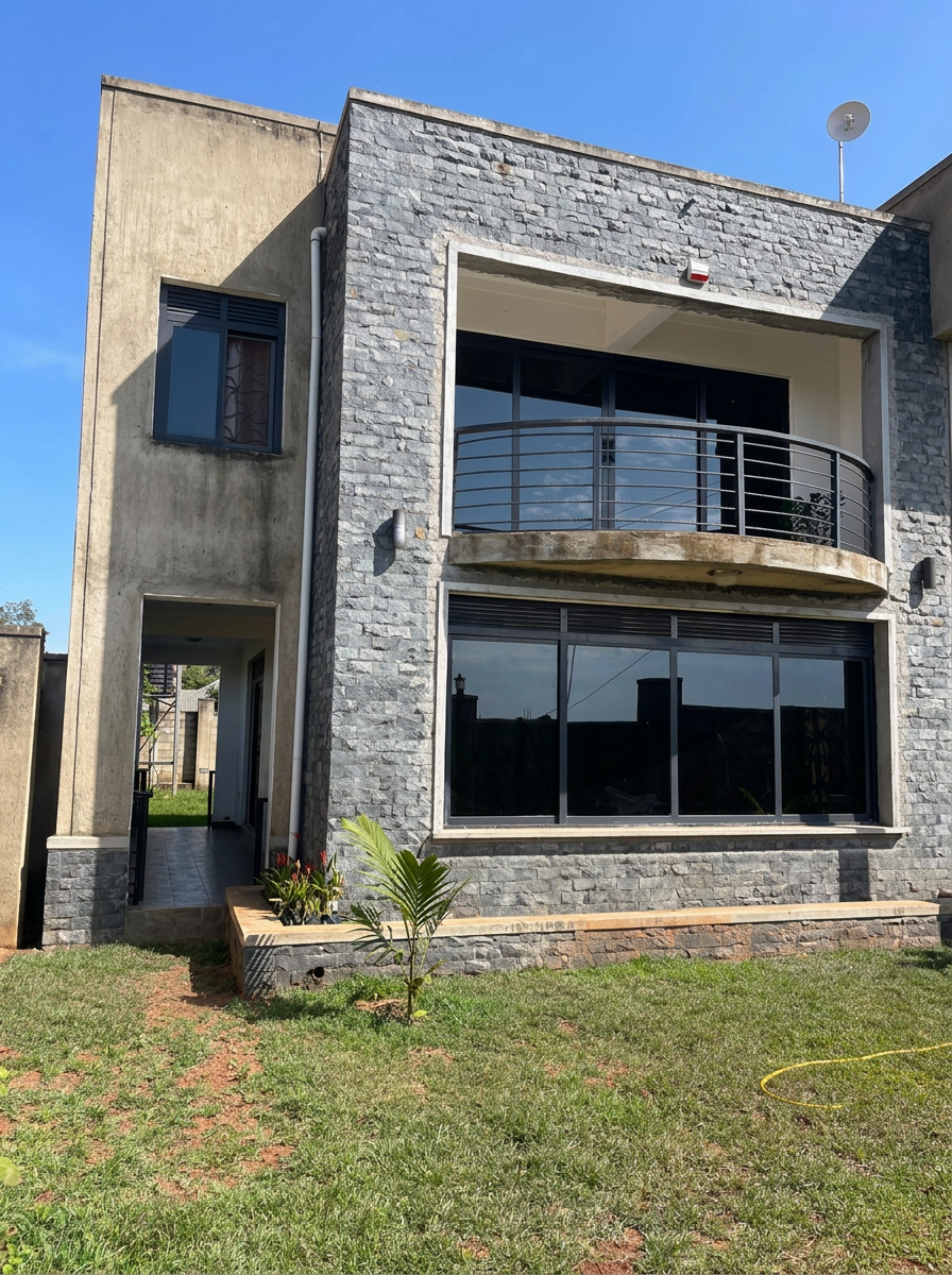 Odutu Residency in Entebbe — two-storey residence with split-face stone cladding, curved steel balcony balustrade and full-height dark aluminium glazing