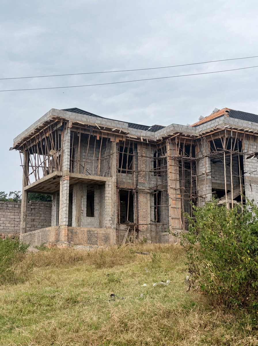 Two-storey house at roofing stage with masonry walls, timber scaffolding and newly laid tiled roof