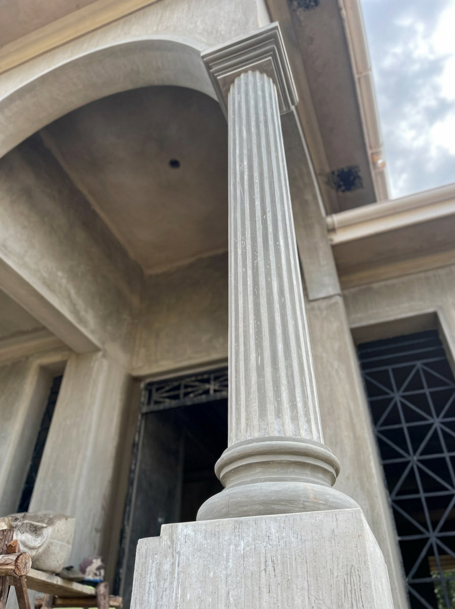 Chema Lane Residency in Sonde Budugala — hand-finished fluted classical columns and vaulted entrance portico built by KRETE Design & Build