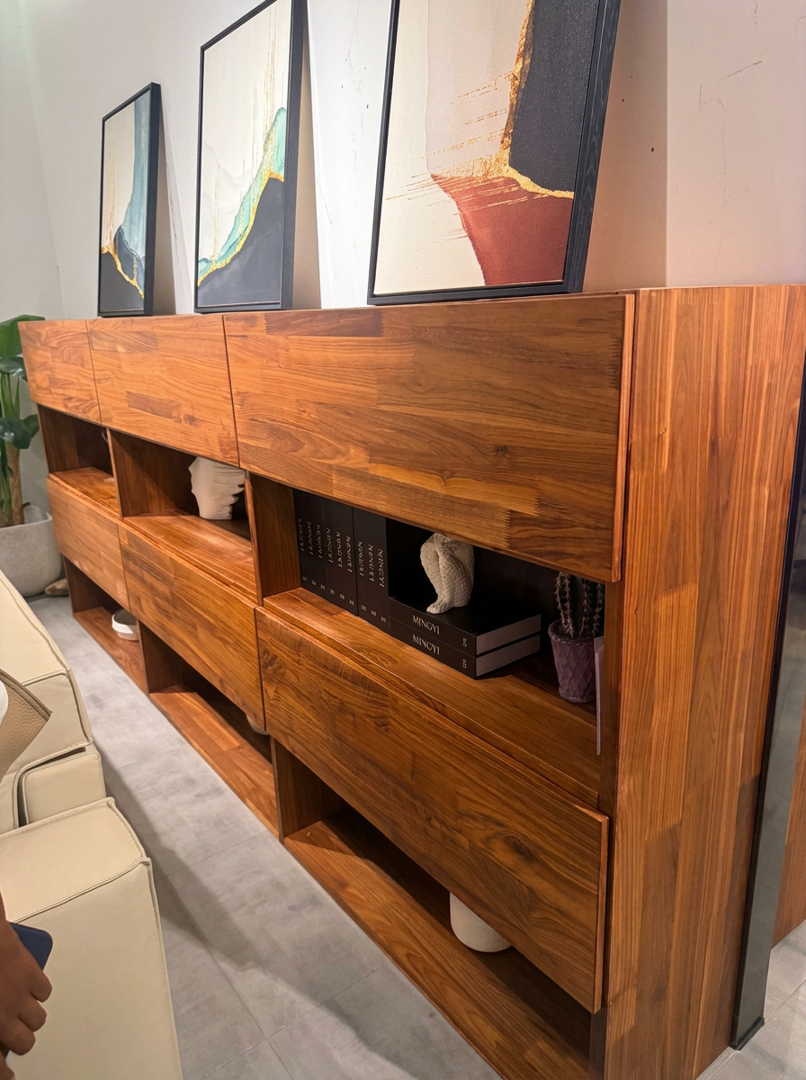 Solid teak open-shelf console units with framed abstract artwork above in a furnished living space