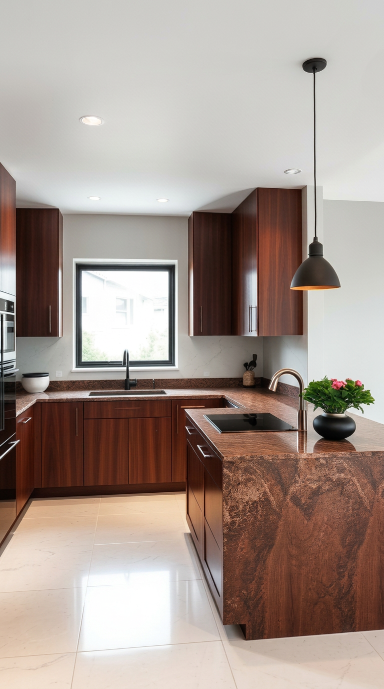 Fitted kitchen with rich timber-veneer cabinetry, stone island counter and pendant lighting