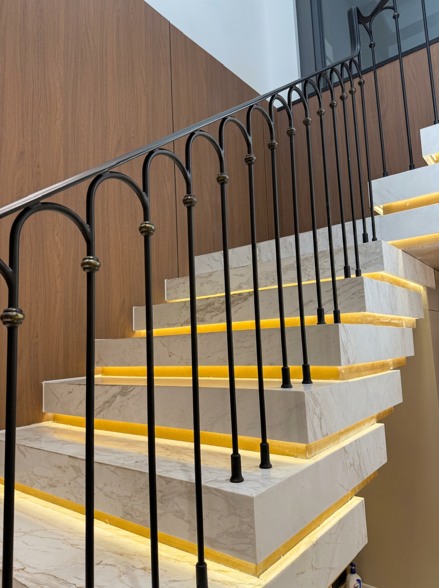Cantilevered marble staircase with concealed LED strip lighting, black arched steel balustrade and walnut-panelled wall