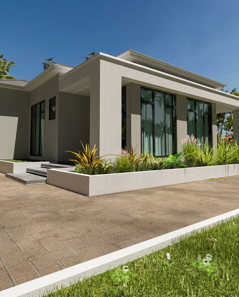 Magala Residency in Matuga — single-storey contemporary villa with deep eaves, full-height glazing and planted forecourt with paved driveway