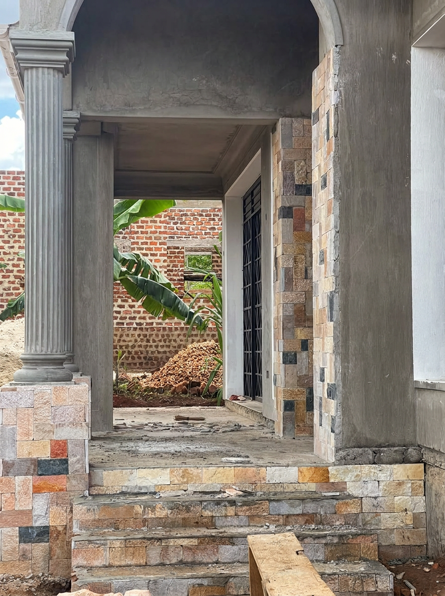 Chema Lane Residency entrance veranda — fluted column on a split-stone plinth with stone-clad steps and rendered arch soffit