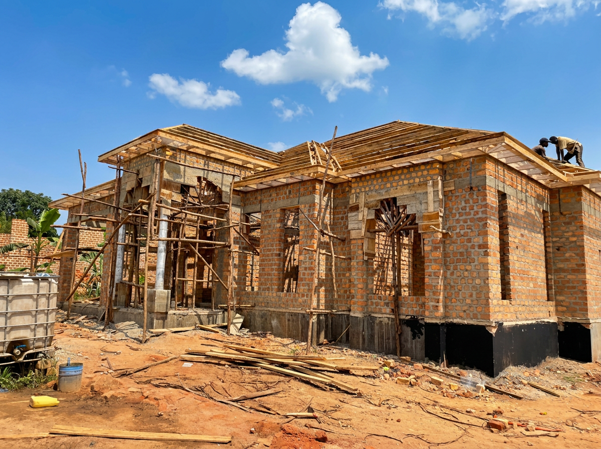Chema Lane Residency at structural stage — fired brick masonry walls and timber roof trusses being set by the KRETE site team in Sonde Budugala