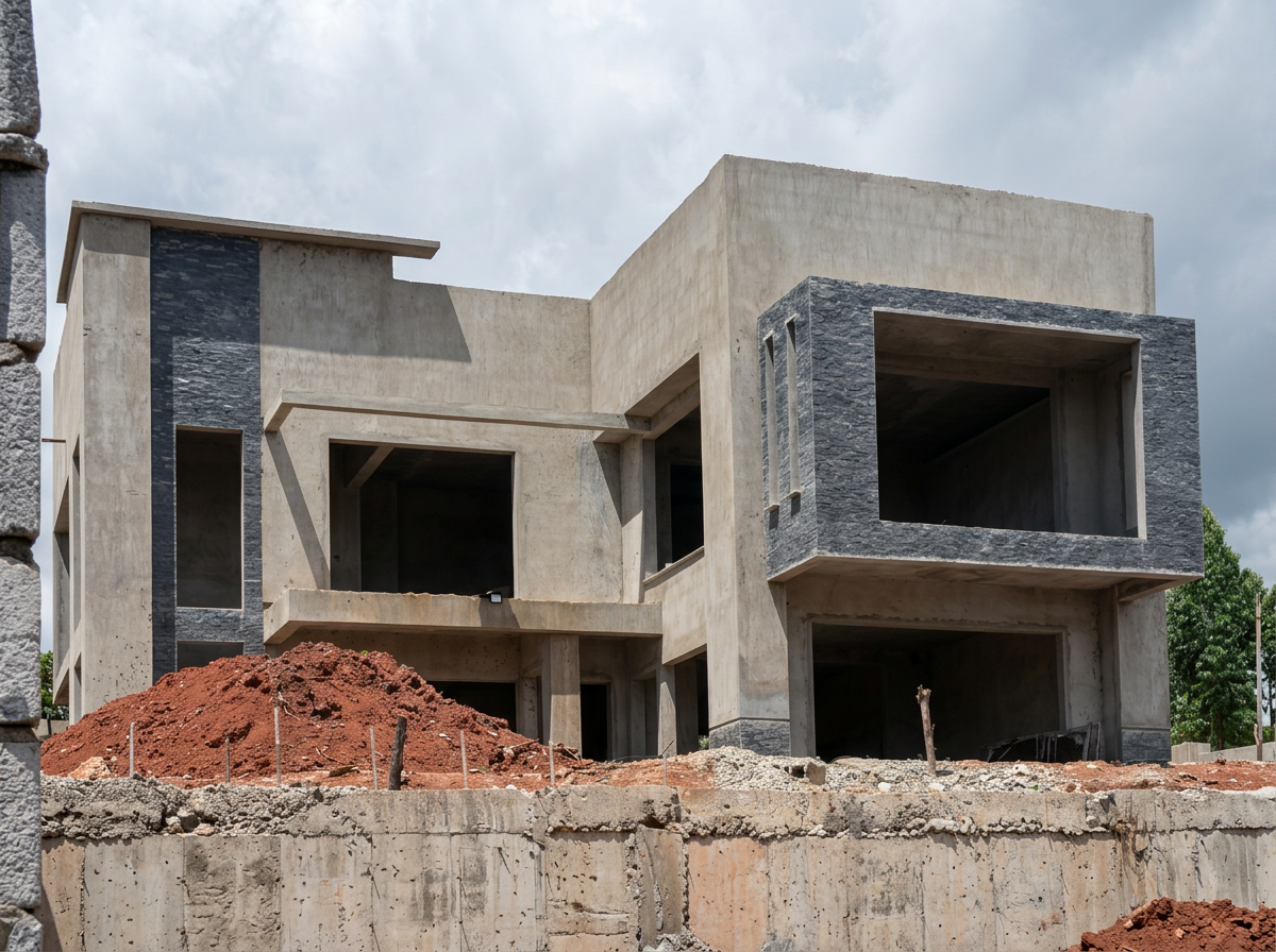 Lutalo Residency in Sonde — residence under construction with exposed concrete frame, cantilevered terraces and stone-clad structural piers