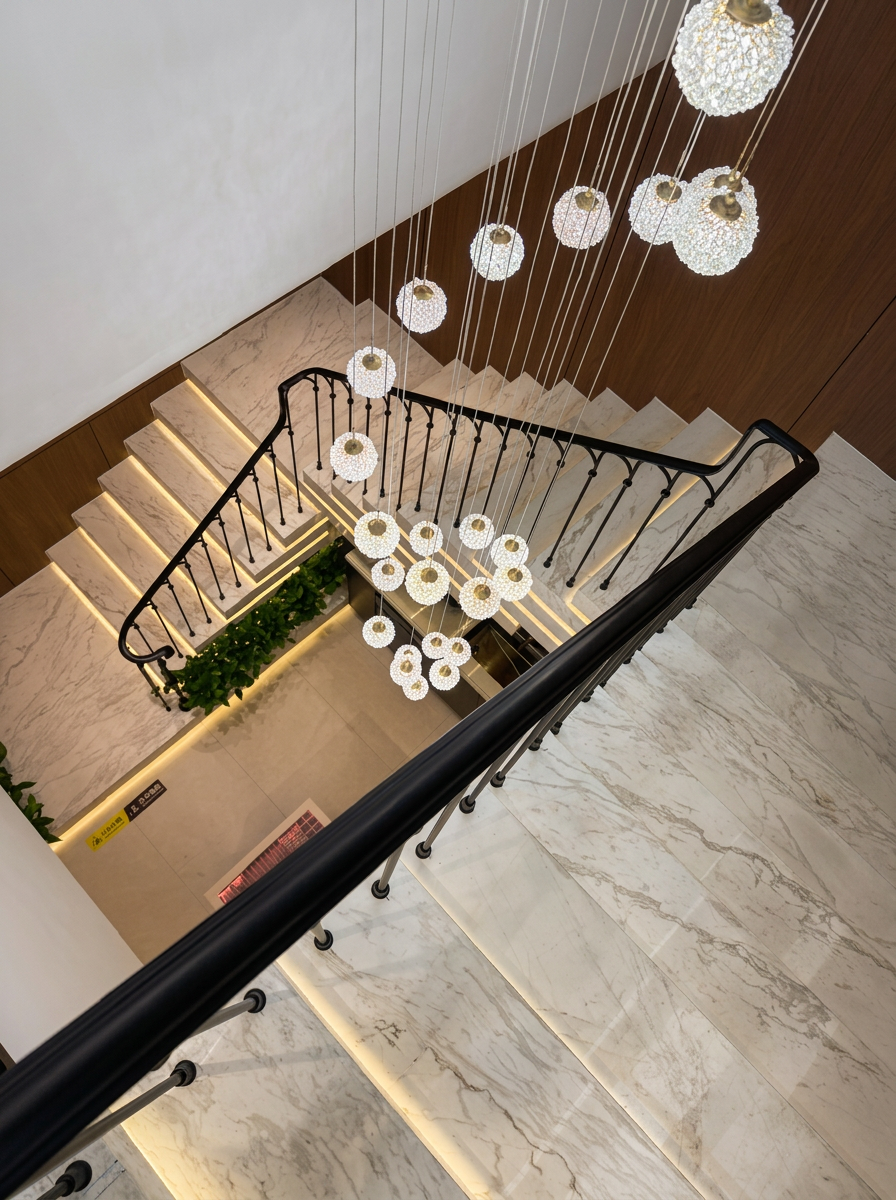 Stairwell viewed from above — marble treads with recessed lighting beneath a cascading cluster of crystal pendant lights